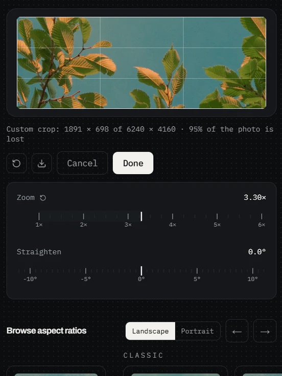 A photo under a rule-of-thirds grid, with zoom and straighten sliders below it.