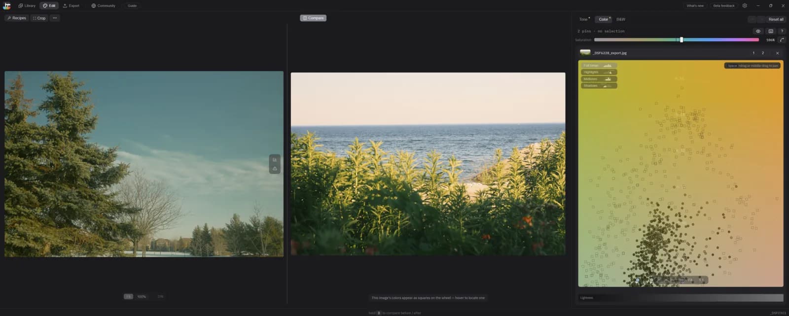 The editor with a reference photo open beside the photo being edited, and the color wheel showing the reference's colors as outlined squares among the photo's own dots.