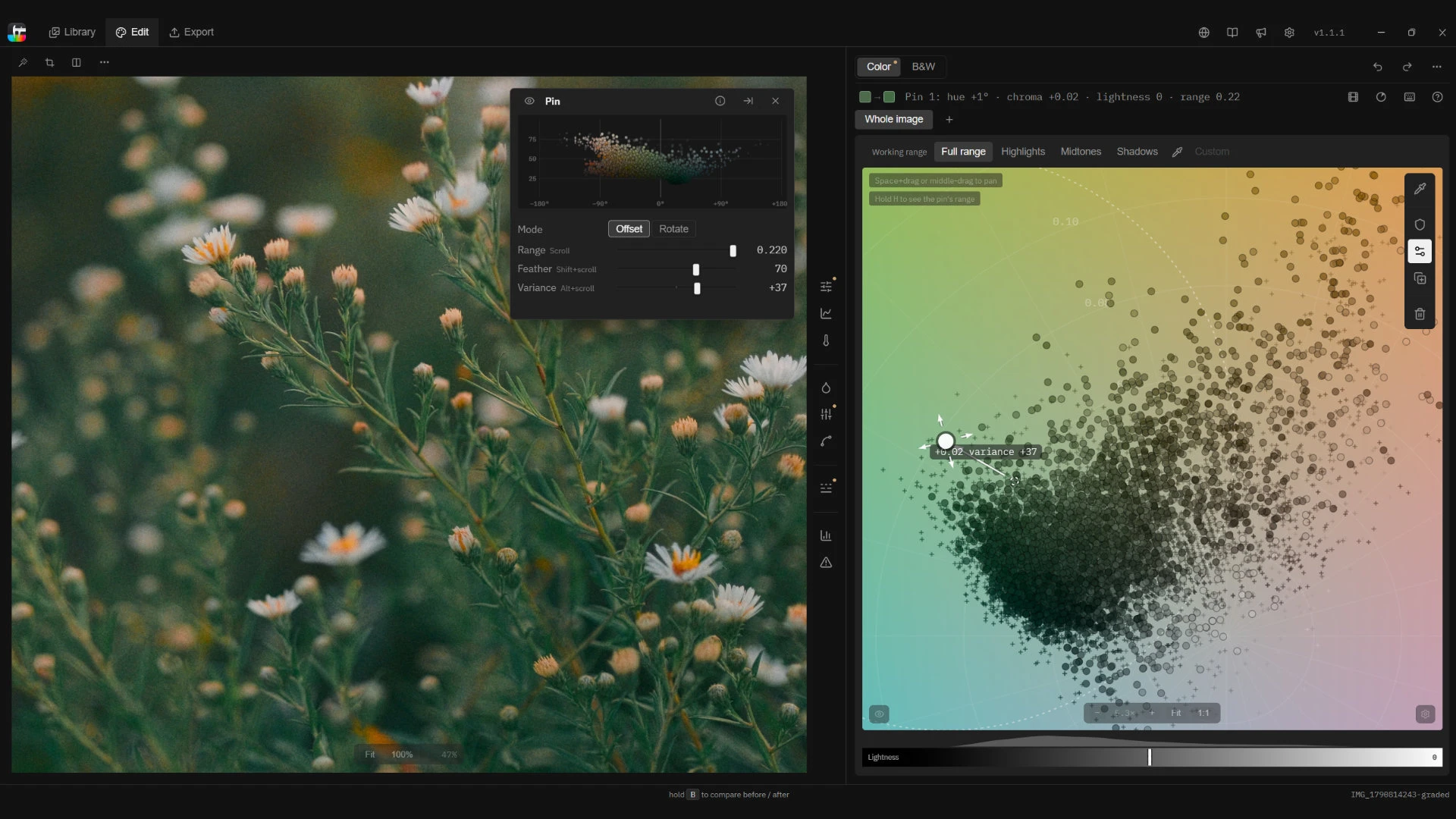 Tone Caliper editing a photo of white asters in a green meadow: the Pin panel in Offset mode with Variance at +37, and the color wheel zoomed in on a pin in the greens.